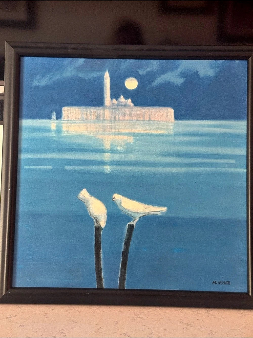 Signed Seascape Painting in Blue & White by Rosarti.